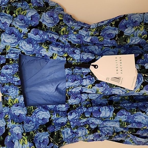 EnglishFactory Romantic Printed Open Back Vneck Raffle Blue Maxi Dress Boho Sz S